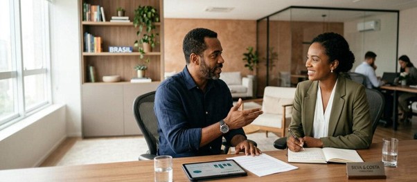 Duas pessoas analisando documentos em reunião de planejamento financeiro em ambiente corporativo, representando organização e proteção patrimonial