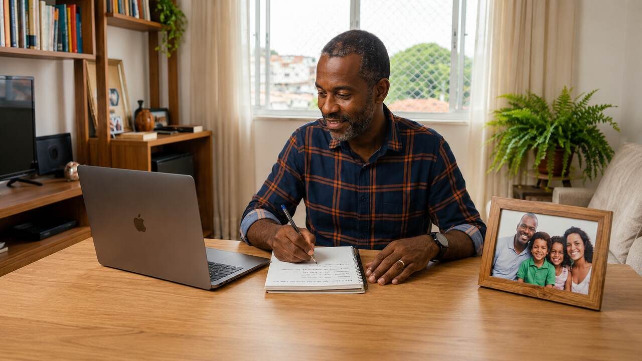 Homem organizando sua reserva financeira em frente ao seu computador. 