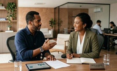 Pessoas analisando documentos em reunião de planejamento financeiro em ambiente corporativo, representando organização e proteção patrimonial.  