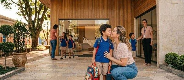 Mãe e filho com semblantes serenos em frente a um colégio. 