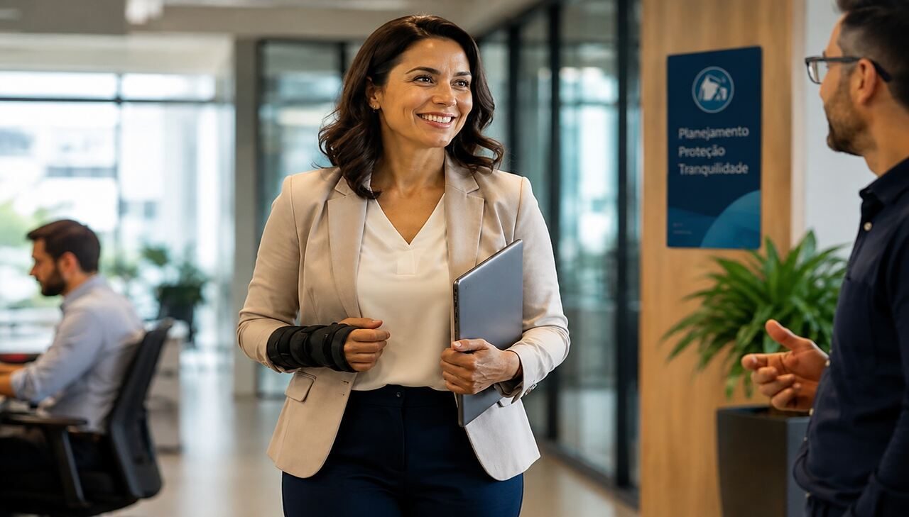 Mulher branca e de cabelos pretos em um escritório segurando um notebook e com a outra mão imobilizada.