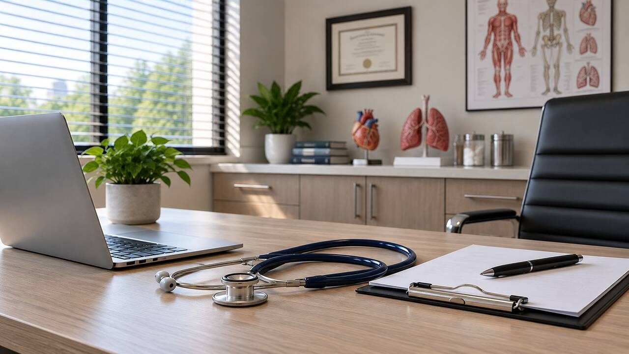 Estetoscópio em cima da mesa de um consultório médico, representando cuidados com a saúde.  