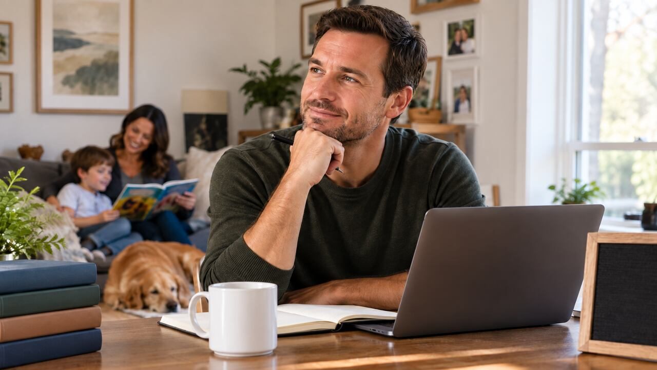 Pai reflete sobre o futuro em casa e sobre proteção familiar, enquanto a companheira e o filho aparecem ao fundo. 