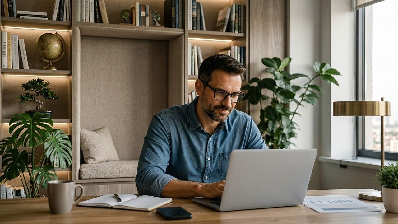 Homem sentado a mesa com notebook pesquisando como usar o seguro de vida para proteger a renda