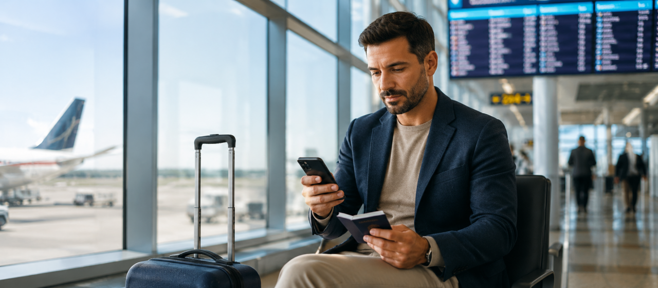 Homem sentado em um aeroporto aguardando seu voo internacional