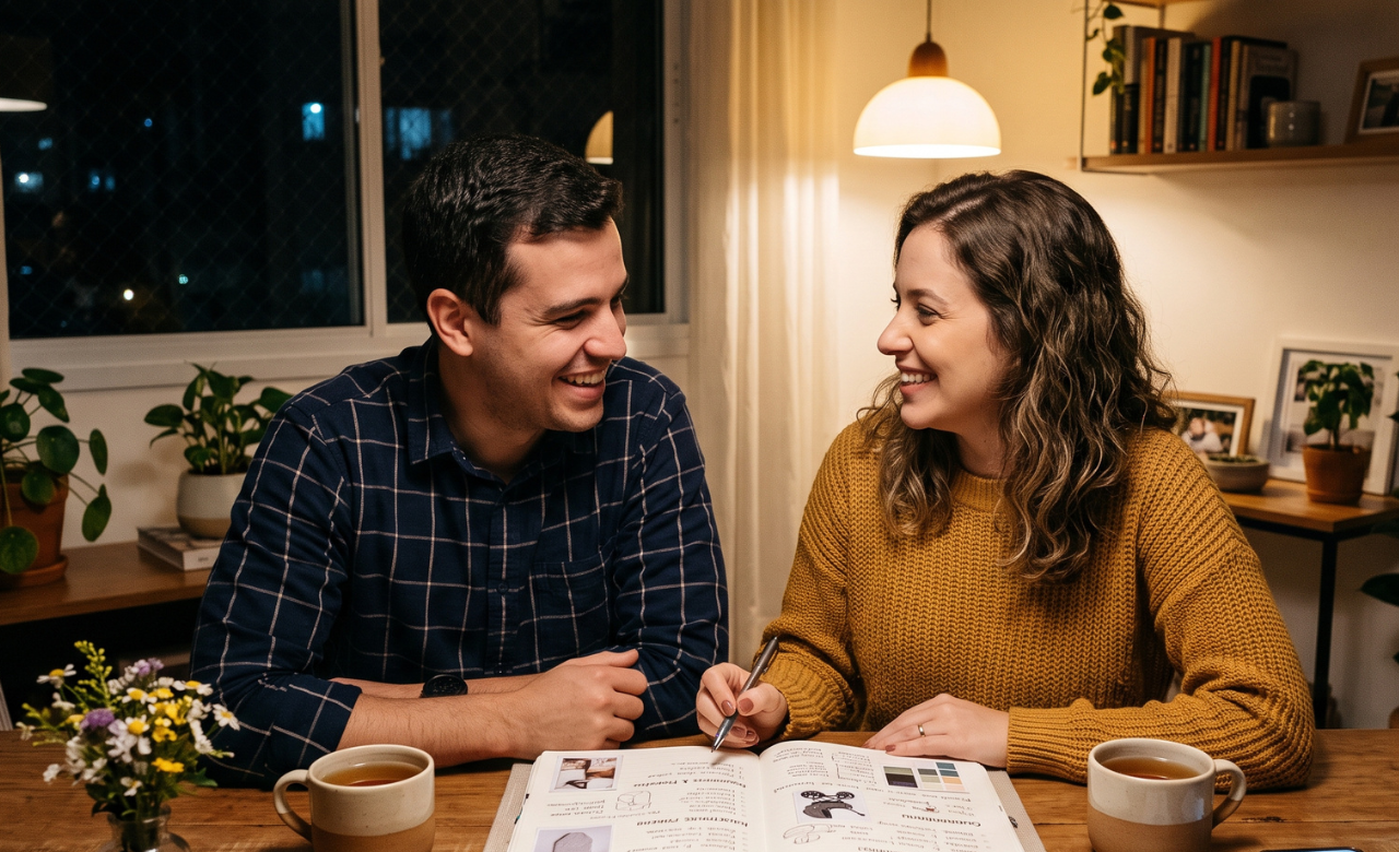Um casal heterossexual sorridentes na sala de casa. 