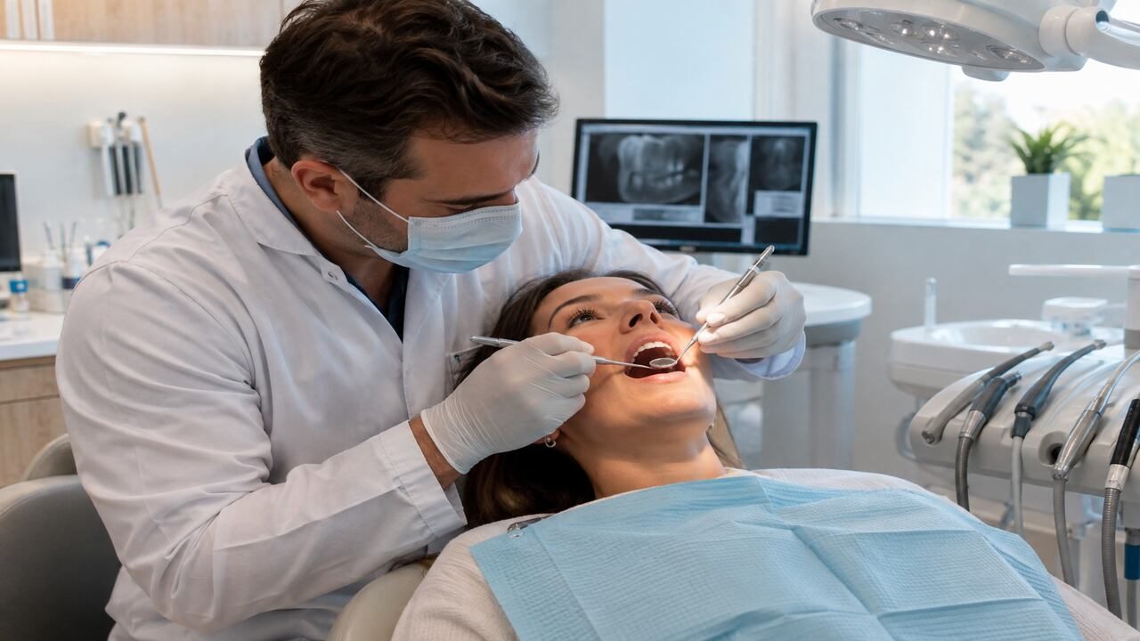 Um dentista atendendo a uma paciente em seu consultório. 
