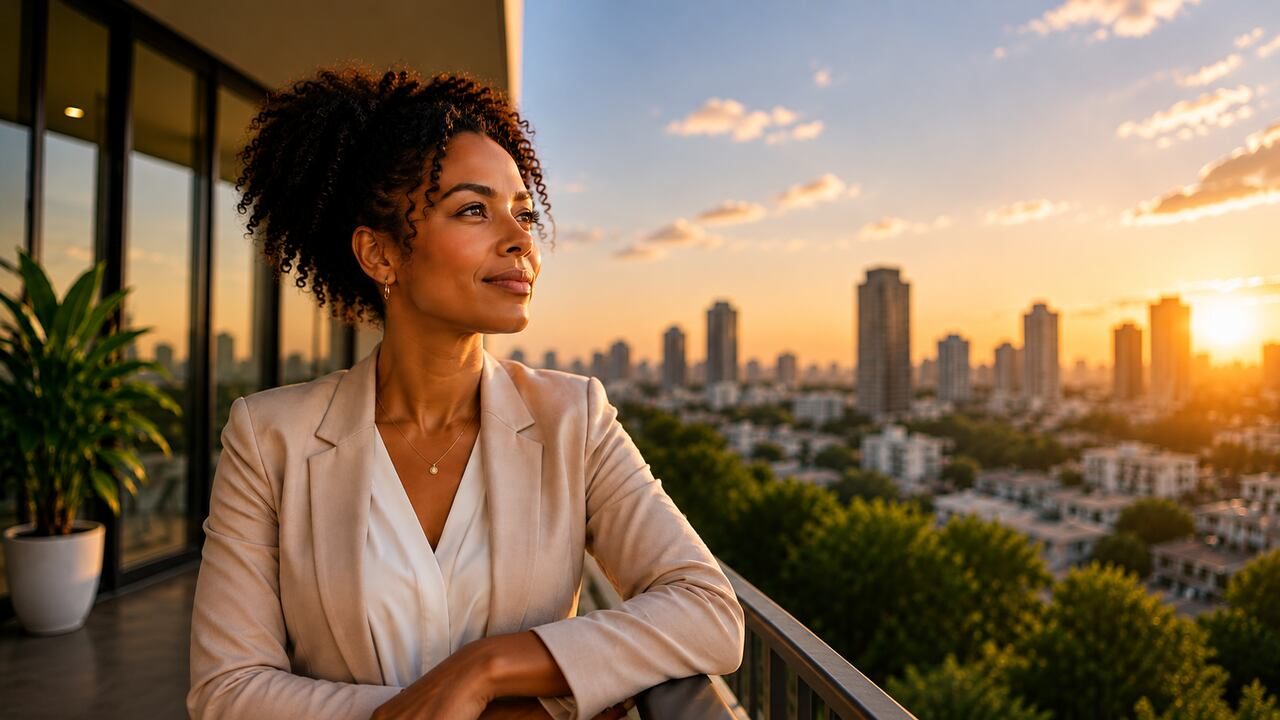 Uma mulher negra olhando o horizonte na sacada de um prédio comercial. 
