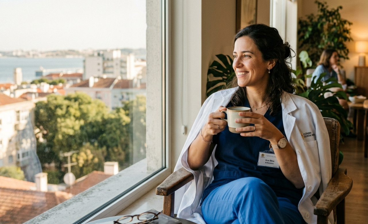 Profissional de saúde tomando um café e refletindo sobre importância do seguro de vida 