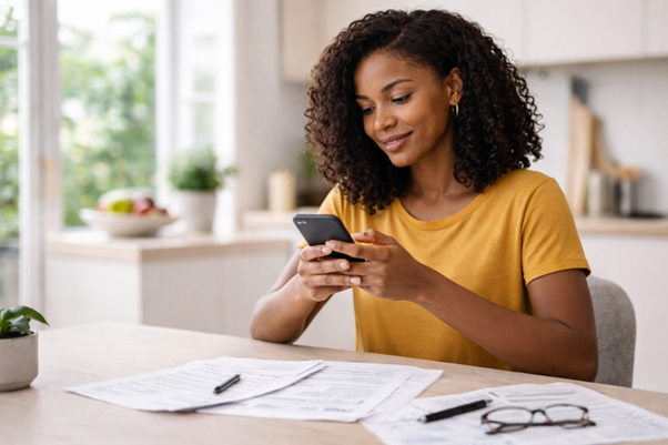 Mulher com celular na mão lendo informações 