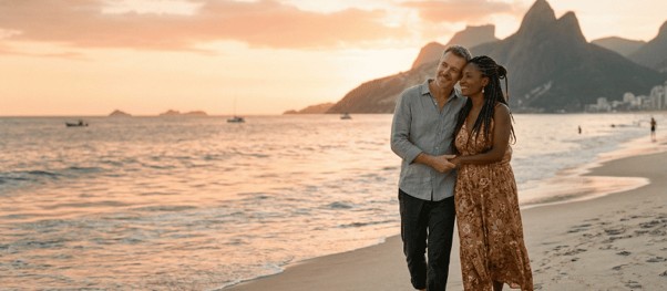 Um casal formado por um homem e uma mulher, abraçados e caminhando pela praia