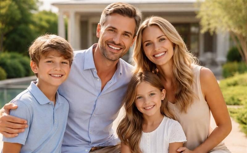 Casal formado por um homem e uma mulher sorrindo abraçados com filhos