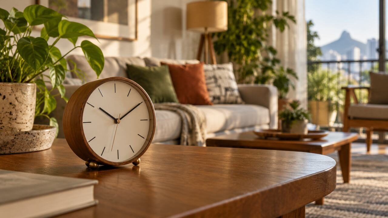 Relógio sobre uma mesa de sala de estar. 