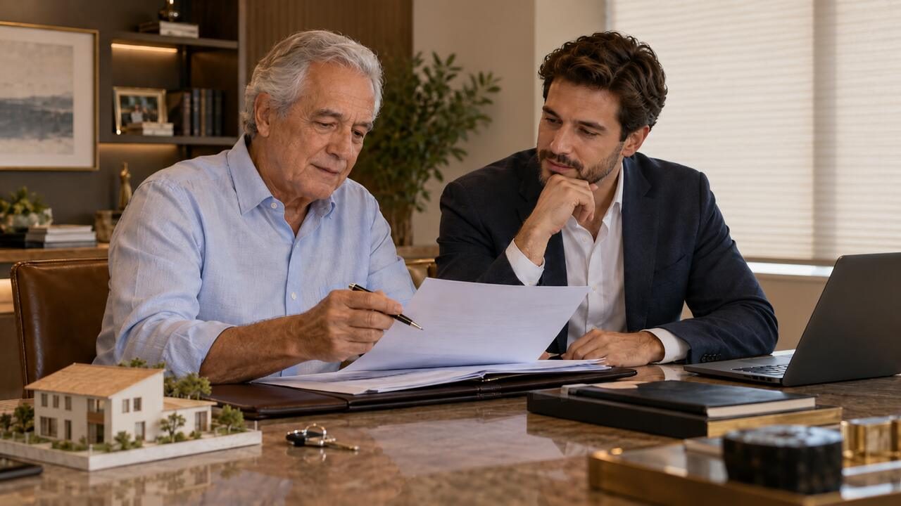 Dois homens analisam documentos e patrimônio durante uma conversa sobre sucessão patrimonial. 