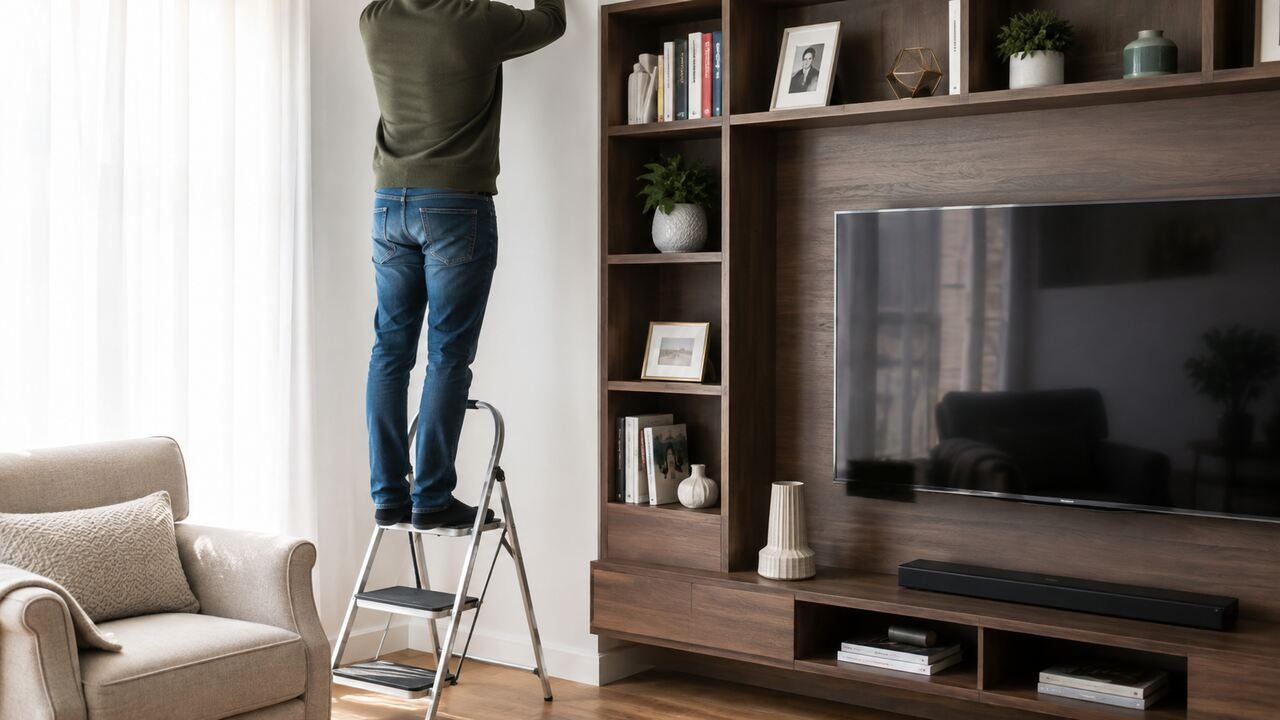 Homem na sala de casa sobre uma escada de ferro