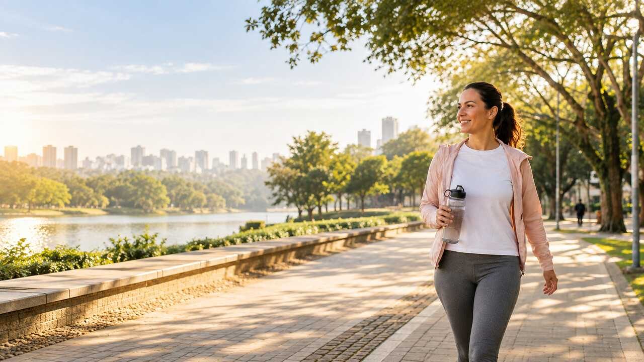 Mulher caminhando em um parque para manutenção de uma vida saudável. 