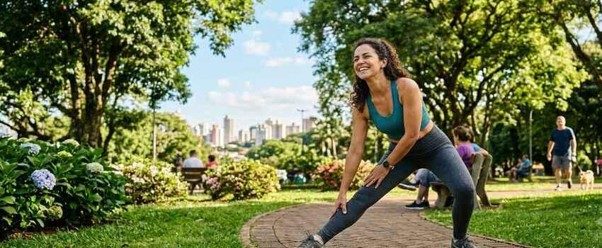 Mulher se alongando em um parque para manutenção de uma vida saudável. 