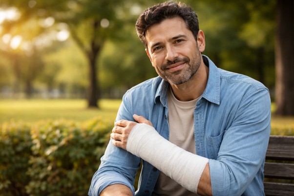 Homem branco com braço engessado